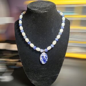 Blue and White Sodalite Beaded Necklace